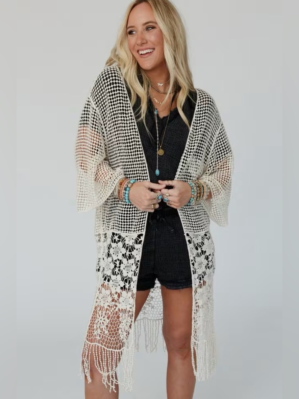 House of Harlow Crochet Fringe Kimono Cardigan